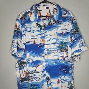 Hawaiian Shirt Italian Design  Sail Boats Blue Rayon Shirt KL Grunge